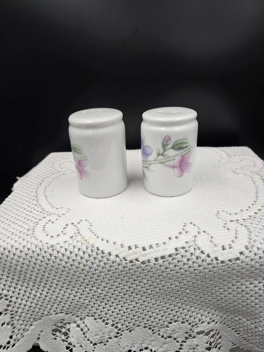 Porcelain Floral Salt and Pepper Shakers - White with Pink & Lavender Flowers